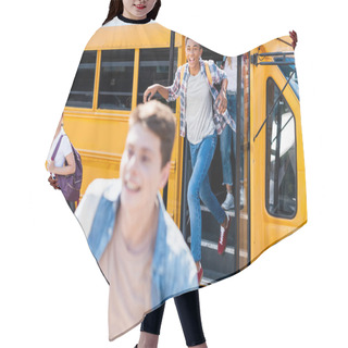 Personality  Group Of Happy Teen Scholars Running Out School Bus  Hair Cutting Cape