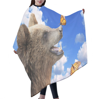 Personality  Cheerful Brown Bear With Butterfly Sitting On His Nose Hair Cutting Cape
