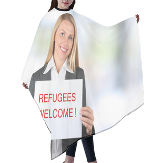 Personality  Smiling Woman Holding A White Banner With Words 