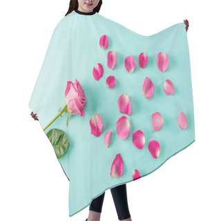 Personality  Top View Of Beautiful Pink Rose Flower With Petals On Blue Hair Cutting Cape