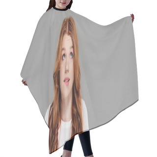 Personality  Panoramic Shot Of Beautiful Confused Redhead Girl Biting Lip And Looking Up Isolated On Grey  Hair Cutting Cape
