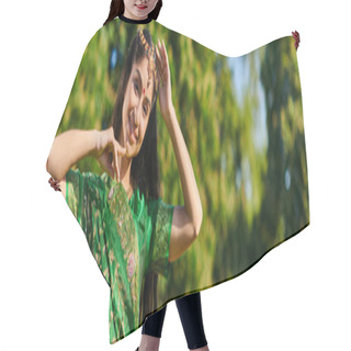Personality  Cheerful And Stylish Indian Woman In Traditional Outfit Posing And Standing In Park, Banner Hair Cutting Cape