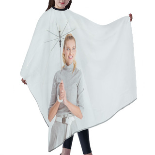 Personality  Smiling Woman In Grey Clothes Posing With Transparent Umbrella Isolated On Grey Hair Cutting Cape