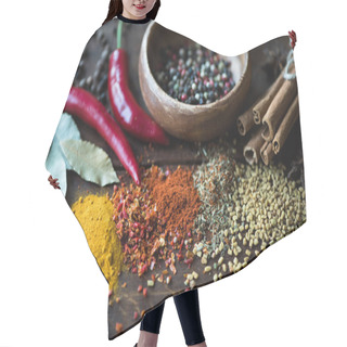 Personality  Pepper In Bowl With Scattered Herbs And Spices Hair Cutting Cape