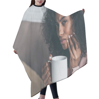 Personality  Unhappy African American Woman Looking At Camera While Suffering From Tooth Pain And Holding Coffee Cup Hair Cutting Cape