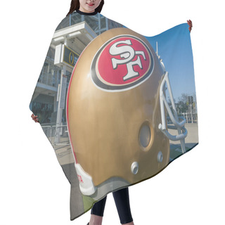 Personality  SANTA CLARA, CA/USA - OCTOBER 20, 2018:  San Francisco 49ers Life Size Helmet Outside Levi's Stadium. Hair Cutting Cape