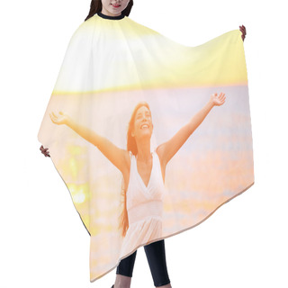 Personality  Freedom Woman Happy And Free Open Arms On Beach Hair Cutting Cape