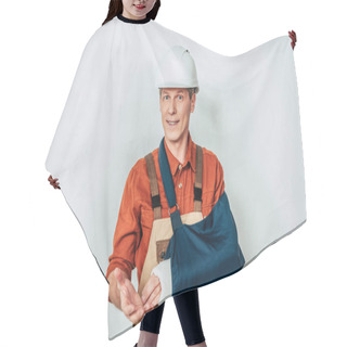 Personality  Repairman With Arm Bandage Standing On White Background Hair Cutting Cape