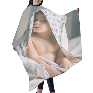 Personality  Cute Child, Wrapped In Hooded Towel, Sitting On Bed And Looking At Camera Hair Cutting Cape