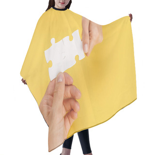 Personality  Cropped View Of Man And Woman Holding Pieces Of White Puzzle On Yellow Background Hair Cutting Cape