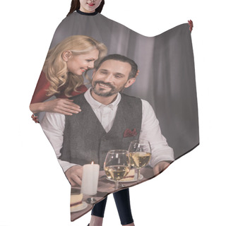 Personality  Wife Hugging Husband And Saying Something During Dinner Hair Cutting Cape