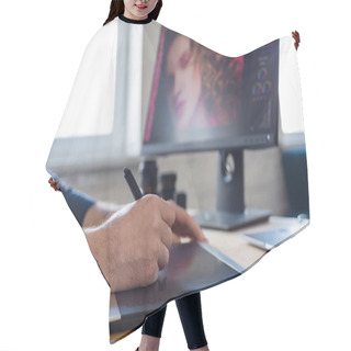 Personality  Retouching Images In Special Program.Portrait Of Graphic Designer Working In Office With Laptop,monitor,graphic Drawing Tablet And Color Palette.Retoucher Workplace In Photo Studio.Creative Agency Hair Cutting Cape