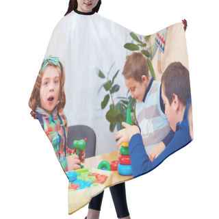 Personality  Group Of Kids Playing Together In Daycare Center For Kids With Special Needs Hair Cutting Cape