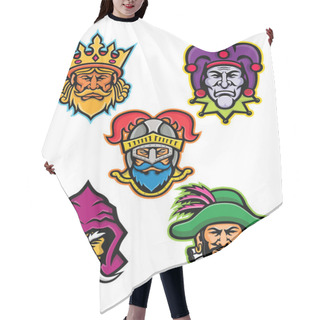 Personality  Mascot Icon Illustration Set Of Heads Of The European Medieval Royal Court Figures Like The King Or Monarch, Court Jester Or Fool, Knight, Wizard Or Sorcerer And The Minstrel Viewed From Front On Isolated Background In Retro Style. Hair Cutting Cape
