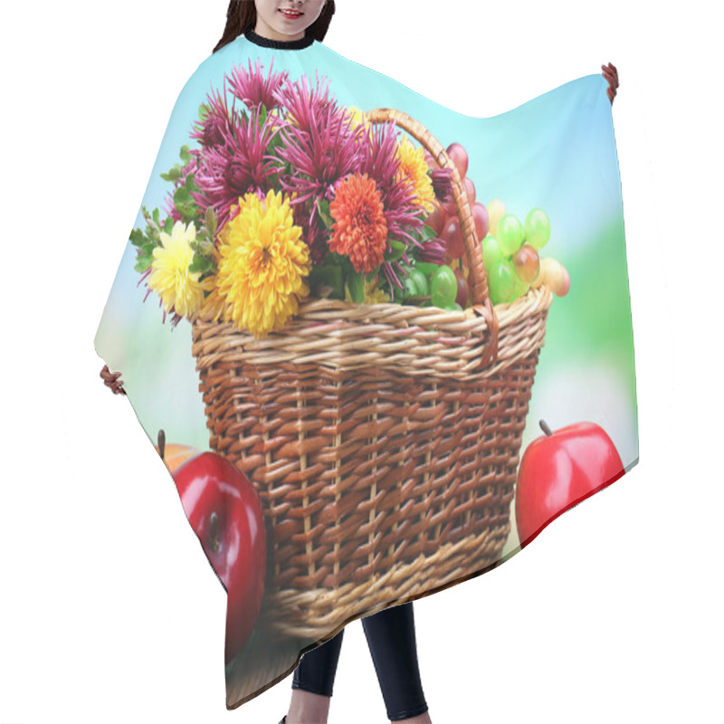 Personality  Composition With Beautiful Flowers In Wicker Basket And Fruits, On Bright Background Hair Cutting Cape