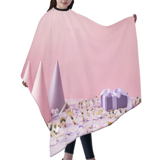 Personality  Party Hats, Gift Box And Confetti Pieces On Violet Tabletop Hair Cutting Cape