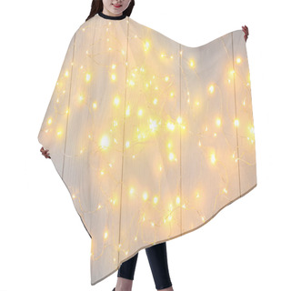 Personality  Glowing Christmas Lights On Wooden Background, Top View Hair Cutting Cape