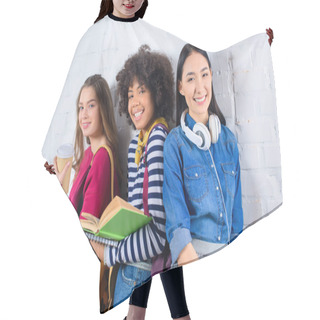 Personality  Portrait Of Young Multiracial Students Standing Against White Brick Wall Hair Cutting Cape