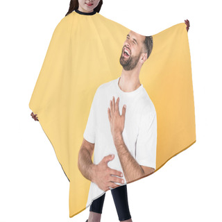 Personality  Happy Handsome Man In White T-shirt Laughing Isolated On Yellow Hair Cutting Cape