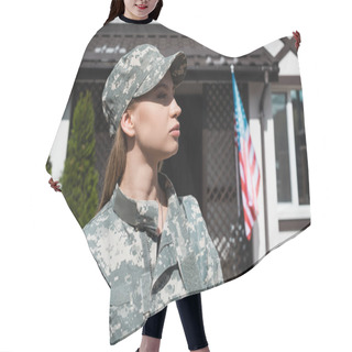 Personality  Profile Of Confident Military Woman In Uniform Looking Away With Blurred American Flag And House On Background Hair Cutting Cape