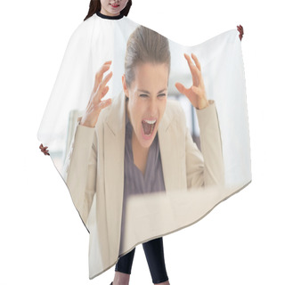 Personality  Stressed Businesswoman With Laptop Hair Cutting Cape