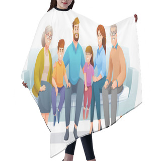 Personality  Happy Family Sitting On The Couch Together With Father, Mother, Grandfather, Grandmother And Children. Family Character Concept In Cartoon Style Hair Cutting Cape