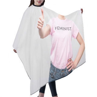 Personality  Cropped View Of Woman In Pink Feminist T-shirt Showing Thumb Up, Isolated On Grey Hair Cutting Cape