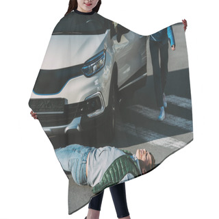 Personality  Cropped Shot Of Woman Opening Car Door And Going To Injured Man Lying On Road After Car Accident  Hair Cutting Cape