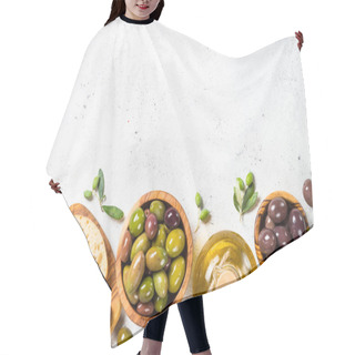 Personality  Olives, Ciabatta And Olive Oil On White Background. Hair Cutting Cape