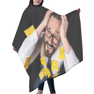 Personality  Stressed Businessman With Sticky Notes Hair Cutting Cape