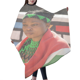 Personality  South Africa, Gauteng, Lesedi Cultural Village (unique Center Of African Culture) - 04 July, 2015 . Portrait Of Young Beautiful Sesotho Woman Bantu Nation In Traditional Ethnic Handmade Beads Clothes, Accessories And Colourful Blanket. Hair Cutting Cape