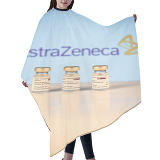 Personality  San Sebastian, Gipuzkoa, Spain; 03 February 2021.Three Covid-19 Vaccine Vials With Astrazeneca Logotype Background To Inject Medical Professionals And People At Risk. SARS-CoV-2 Vaccination Treatment. Copy Space. Hair Cutting Cape