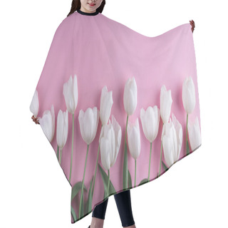 Personality  White Tulips Flowers Over Light Pink Background. Greeting Card Or Wedding Invitation. Flat Lay, Top View, Copy Space. Wide Composition Hair Cutting Cape