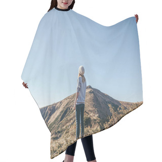 Personality  Rear View Of Woman Looking At Mountains On Sunny Day, Carpathians, Ukraine Hair Cutting Cape