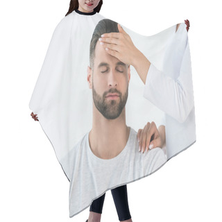 Personality  Cropped View Of Woman Touching Handsome Man Isolated On White  Hair Cutting Cape