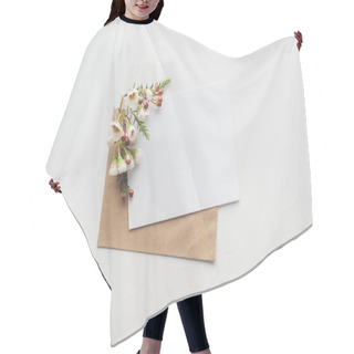 Personality  Top View Of Empty Blank With Brown Craft Paper Envelope And Flowers On Grey Background Hair Cutting Cape