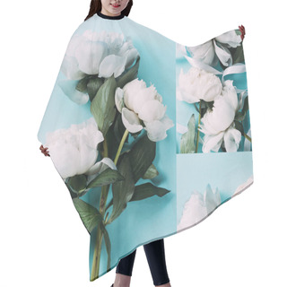 Personality  Top View Of White Peonies On Blue Background, Collage Hair Cutting Cape