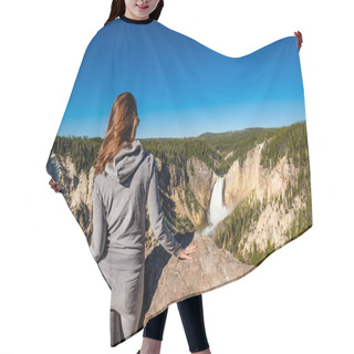 Personality  Woman Tourist With Camera Overlooking Lower Falls Waterfall In The Grand Canyon Of Yellowstone National Park, Wyoming, USA Hair Cutting Cape