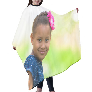 Personality  Outdoor Portrait Of A Cute Young Black Girl Smiling - African Pe Hair Cutting Cape