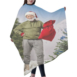 Personality  Cheerful Man In Khaki Hoodie Holding Santa Bag And Wearing Christmassy Hat, Merry Christmas Hair Cutting Cape