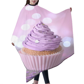 Personality  Cupcake With Purple Cream Icing On A Glitter Background, Close Up Hair Cutting Cape