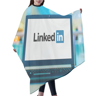 Personality  Laptop Computer Displaying Logo Of LinkedIn Hair Cutting Cape