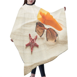 Personality  Brown Stylish Sunglasses On Sand With Red Starfish And Sunscreen In Orange Bottle Hair Cutting Cape