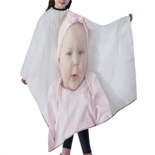 Personality  Top View Of Infant Girl In Headband Looking At Camera While Lying In Bed Hair Cutting Cape