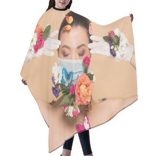 Personality  Attractive Asian Woman With Closed Eyes In Latex Gloves And Floral Face Mask With Butterflies Isolated On Beige Hair Cutting Cape