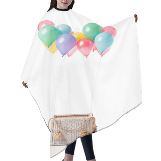 Personality  Wicker Basket With Multicolored Balloons Isolated On White Hair Cutting Cape
