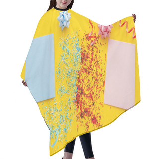 Personality  Top View Of Blue And Pink Greeting Cards Near Sprinkles And Serpentine On Yellow Background  Hair Cutting Cape