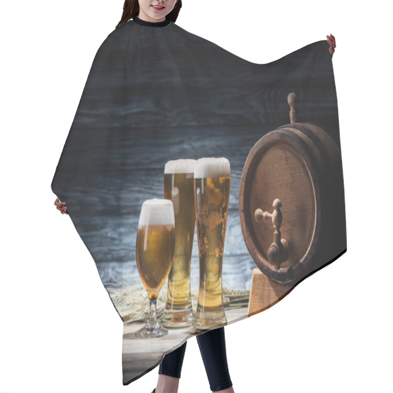 Personality  Beer In Glasses, Wheat Spikelets And Beer Barrel On Wooden Table, Oktoberfest Concept Hair Cutting Cape