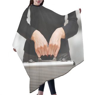 Personality  Business Woman Holding An Aluminum Briefcase And Preparing For I Hair Cutting Cape