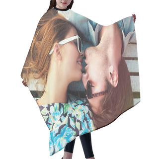Personality  Portrait Of Young Perfect Couple Lying Hair Cutting Cape